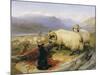 Two Tethered Rams with Coiled Horns Guarded by Two Sheep Dogs in a Mountain Landscape, 19th Century-Edwin Henry Landseer-Mounted Giclee Print