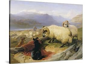 Two Tethered Rams with Coiled Horns Guarded by Two Sheep Dogs in a Mountain Landscape, 19th Century-Edwin Henry Landseer-Stretched Canvas