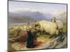 Two Tethered Rams with Coiled Horns Guarded by Two Sheep Dogs in a Mountain Landscape, 19th Century-Edwin Henry Landseer-Mounted Giclee Print