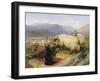 Two Tethered Rams with Coiled Horns Guarded by Two Sheep Dogs in a Mountain Landscape, 19th Century-Edwin Henry Landseer-Framed Giclee Print