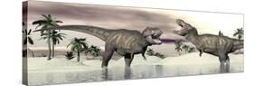 Two Tyrannosaurus Rex Dinosaurs Fighting in the Water-null-Stretched Canvas