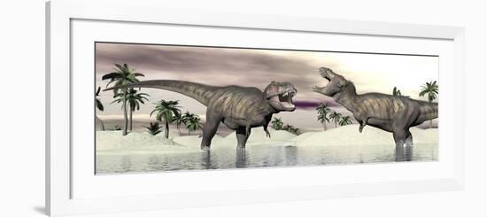 Two Tyrannosaurus Rex Dinosaurs Fighting in the Water-null-Framed Premium Giclee Print