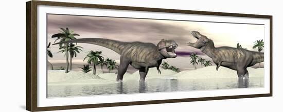 Two Tyrannosaurus Rex Dinosaurs Fighting in the Water-null-Framed Premium Giclee Print