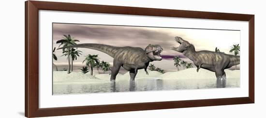 Two Tyrannosaurus Rex Dinosaurs Fighting in the Water-null-Framed Premium Giclee Print