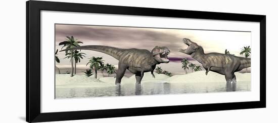 Two Tyrannosaurus Rex Dinosaurs Fighting in the Water-null-Framed Premium Giclee Print