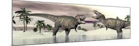 Two Tyrannosaurus Rex Dinosaurs Fighting in the Water-null-Mounted Premium Giclee Print