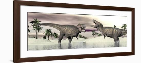 Two Tyrannosaurus Rex Dinosaurs Fighting in the Water-null-Framed Art Print