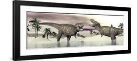 Two Tyrannosaurus Rex Dinosaurs Fighting in the Water-null-Framed Art Print