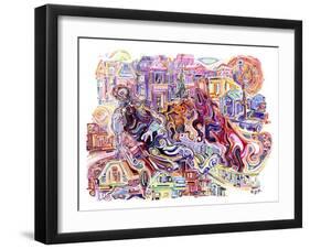 Two Unicorns Killing A Cyclops In The Suburbs-Josh Byer-Framed Giclee Print