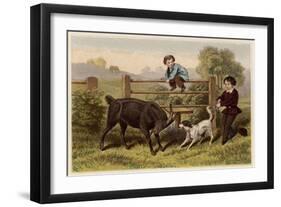 Two Victorian Boys with Dog and Goat-null-Framed Art Print