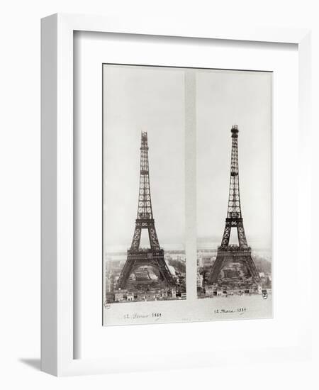 Two Views of the Construction of the Eiffel Tower, 12th February and 12th March 1889-null-Framed Photographic Print