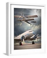 Two Vintage Aircraft On The Runway. Retro Style Picture-Kletr-Framed Art Print