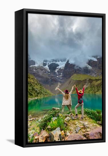 Two woman trekking Humantay Lake, Cusco, Peru, South America-Laura Grier-Framed Stretched Canvas