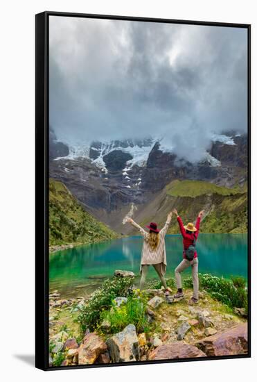 Two woman trekking Humantay Lake, Cusco, Peru, South America-Laura Grier-Framed Stretched Canvas