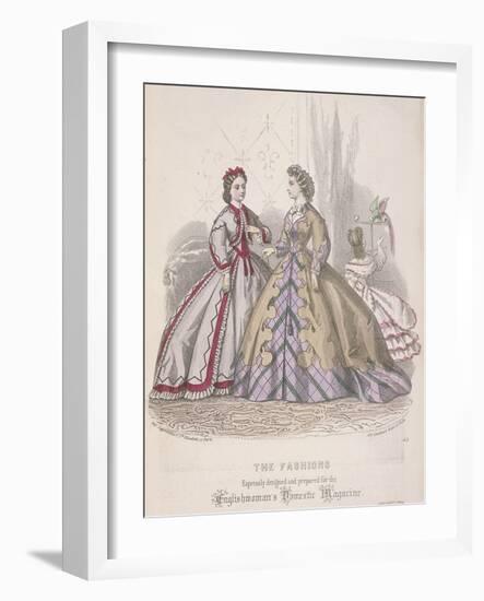 Two Women and a Child Playing with a Parrot Model the Latest Fashions, 1864-null-Framed Giclee Print