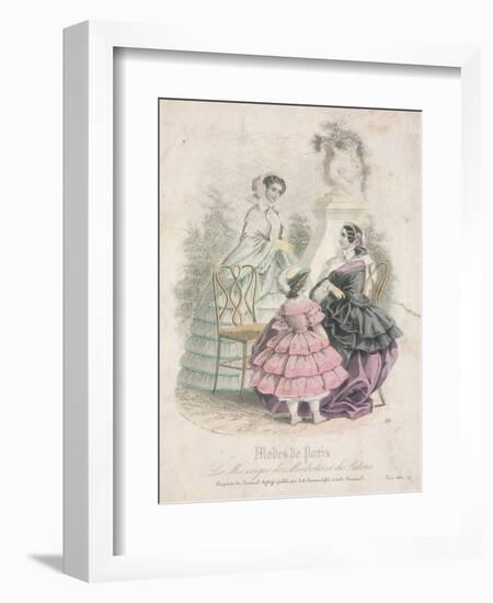 Two Women and a Child Wearing the Latest Fashions in a Garden Setting,1858-null-Framed Giclee Print