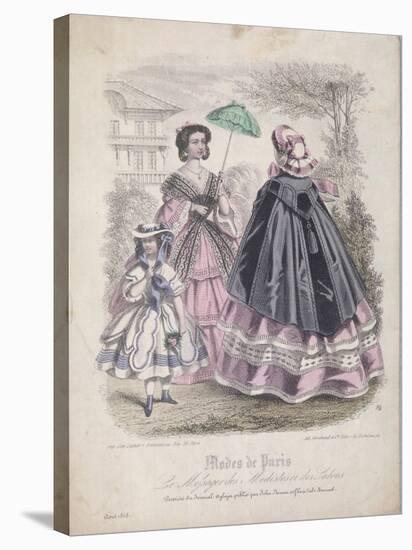 Two Women and a Child Wearing the Latest Fashions in a Garden Setting, 1858-null-Stretched Canvas