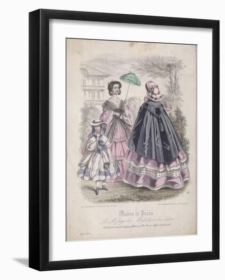 Two Women and a Child Wearing the Latest Fashions in a Garden Setting, 1858-null-Framed Giclee Print