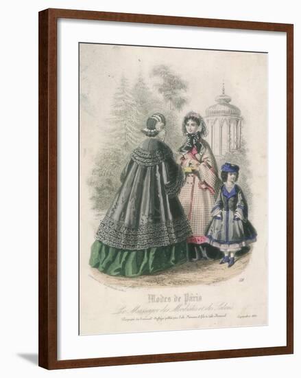 Two Women and a Child Wearing the Latest Fashions in a Garden Setting, 1860-null-Framed Giclee Print