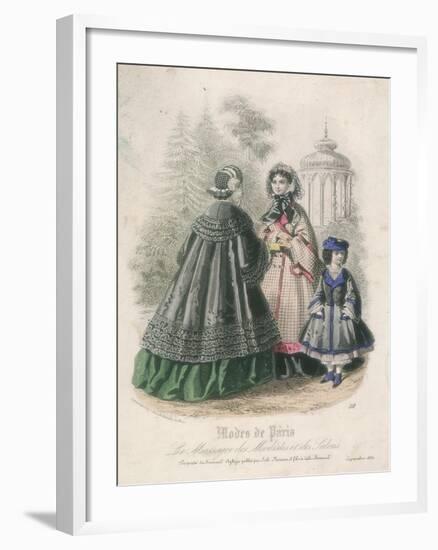 Two Women and a Child Wearing the Latest Fashions in a Garden Setting, 1860-null-Framed Giclee Print