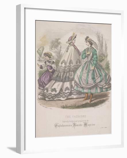 Two Women and a Child with a Butterfly Net Model the Latest Fashions, 1864-null-Framed Giclee Print