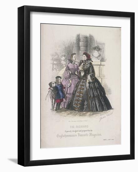 Two Women and a Child with a Dog Wearing the Latest Fashions, 1860-Jules David-Framed Giclee Print