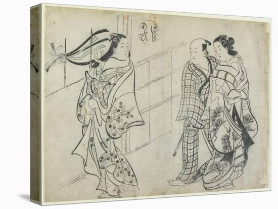 Two Women and a Man as Mitate of the Aoi's Story from the Tale of Genji, Early 18th Century-Okumura Masanobu-Stretched Canvas