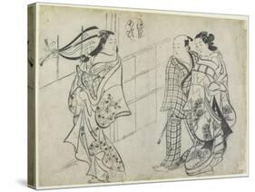 Two Women and a Man as Mitate of the Aoi's Story from the Tale of Genji, Early 18th Century-Okumura Masanobu-Stretched Canvas