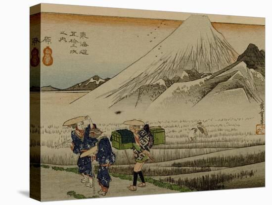 Two Women and a Servant Walk Through Rice Fields, with Mount Fuji in the Background-Utagawa Hiroshige-Stretched Canvas