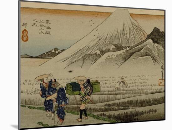 Two Women and a Servant Walk Through Rice Fields, with Mount Fuji in the Background-Utagawa Hiroshige-Mounted Art Print