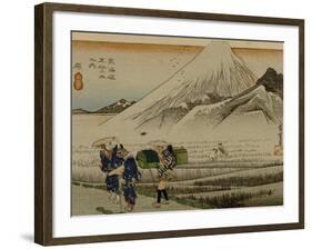 Two Women and a Servant Walk Through Rice Fields, with Mount Fuji in the Background-Utagawa Hiroshige-Framed Art Print