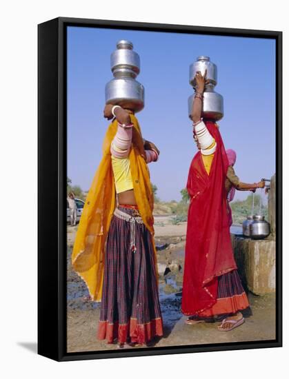 Two Women by a Well Carrying Water Pots, Barmer, Rajasthan, India-Bruno Morandi-Framed Stretched Canvas