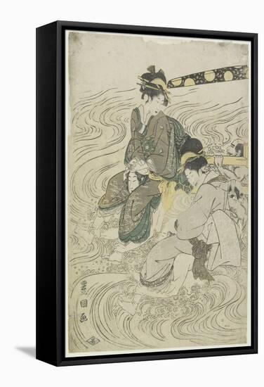 Two Women Crossing a River on the Shoulders of Coolies-Utagawa Toyokuni-Framed Stretched Canvas