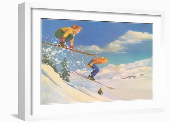 Two Women on Skis Leaping over the Snow-null-Framed Art Print