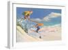 Two Women on Skis Leaping over the Snow-null-Framed Art Print