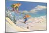 Two Women on Skis Leaping over the Snow-null-Mounted Art Print