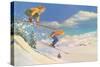 Two Women on Skis Leaping over the Snow-null-Stretched Canvas