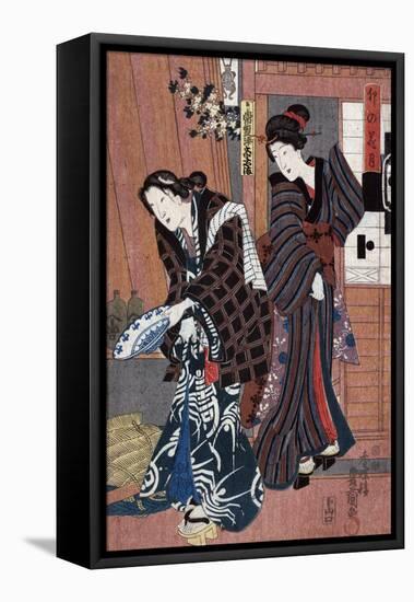 Two Women, one Holding a Large Bowl, Japanese Wood-Cut Print-Lantern Press-Framed Stretched Canvas