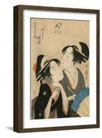 Two Women, One with an Umbrella, Watching a Hawk-null-Framed Art Print