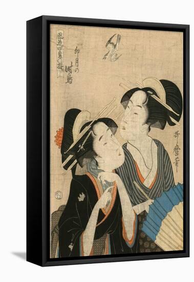 Two Women, One with an Umbrella, Watching a Hawk-null-Framed Stretched Canvas