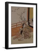 Two Women Seated by a Verandah, One Pointing at Geese in Flight Beyond a Flowering Plum Tree-Suzuki Harunobu-Framed Giclee Print