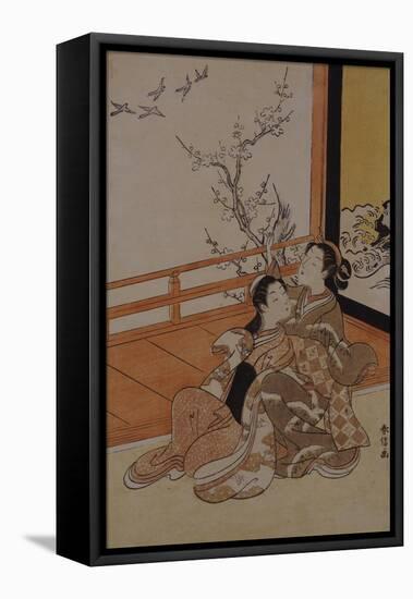 Two Women Seated by a Verandah, One Pointing at Geese in Flight Beyond a Flowering Plum Tree-Suzuki Harunobu-Framed Stretched Canvas