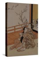 Two Women Seated by a Verandah, One Pointing at Geese in Flight Beyond a Flowering Plum Tree-Suzuki Harunobu-Stretched Canvas