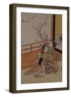 Two Women Seated by a Verandah, One Pointing at Geese in Flight Beyond a Flowering Plum Tree-Suzuki Harunobu-Framed Giclee Print