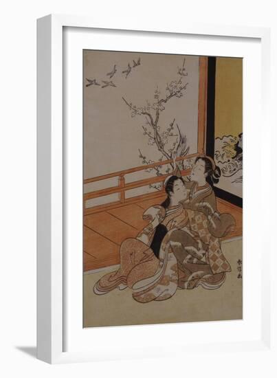Two Women Seated by a Verandah, One Pointing at Geese in Flight Beyond a Flowering Plum Tree-Suzuki Harunobu-Framed Giclee Print