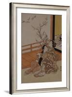 Two Women Seated by a Verandah, One Pointing at Geese in Flight Beyond a Flowering Plum Tree-Suzuki Harunobu-Framed Giclee Print