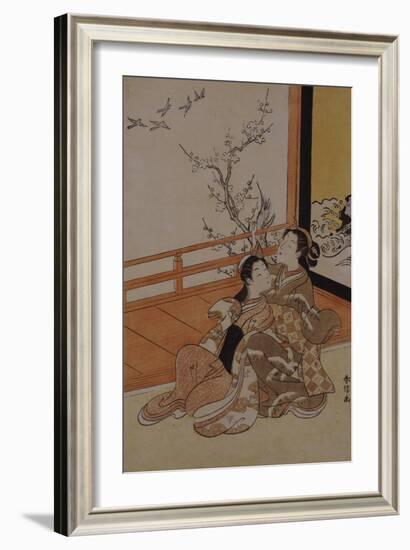 Two Women Seated by a Verandah, One Pointing at Geese in Flight Beyond a Flowering Plum Tree-Suzuki Harunobu-Framed Giclee Print