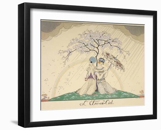 Two women sheltering from the rain, under a tree, a rainbow in the background-Georges Barbier-Framed Giclee Print