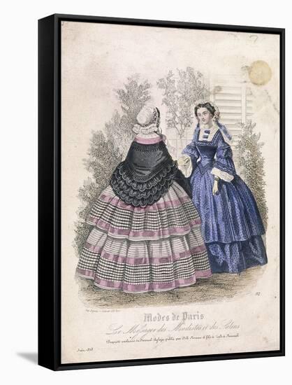 Two Women Wearing the Latest Fashions in a Garden Setting, 1858-null-Framed Stretched Canvas