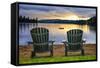 Two Wooden Chairs on Beach of Relaxing Lake at Sunset. Algonquin Provincial Park, Canada.-elenathewise-Framed Stretched Canvas